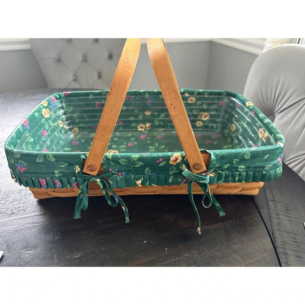 Longaberger 1993 Handwoven Basket Green Floral Liner Plastic Insert Dual Handles